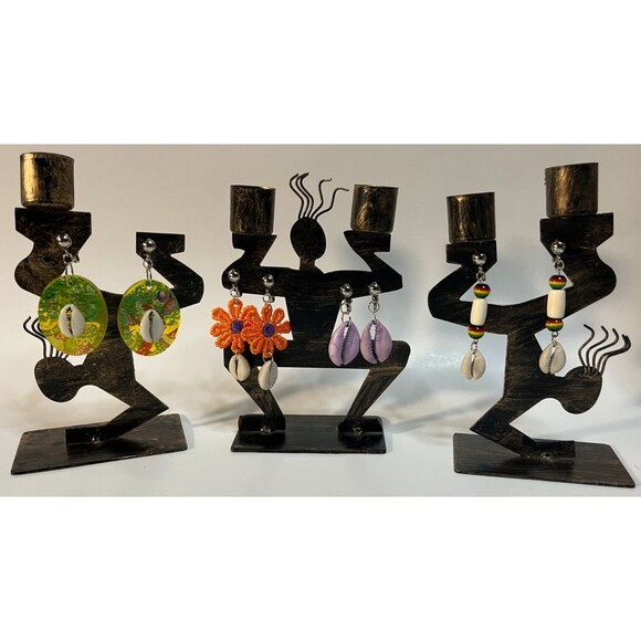 African Bone Cowrie Clip On Earrings 3 Pair Dangles2-3" Boho Hippie USA Made F3 - Picture 1 of 9